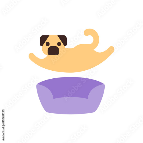 A cartoon pug is depicted leaping over a purple dog bed in a playful and whimsical illustration style