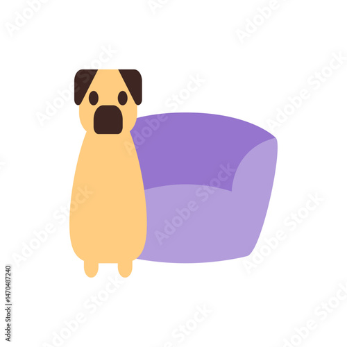 Illustration of a cartoon pug standing next to a purple dog bed on a white background in a simple style