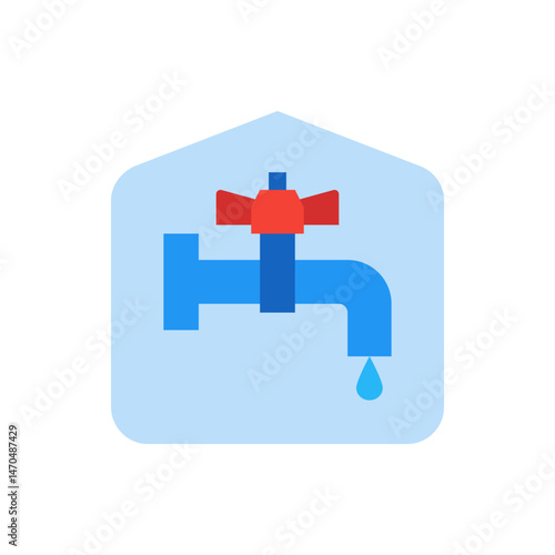 Illustration of a blue faucet with a red handle and a water droplet against a light blue background