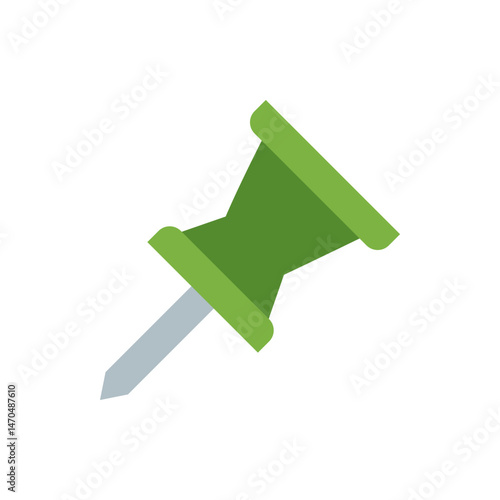 Illustration of a green pushpin with a silver needle on a white background in a simple flat design style