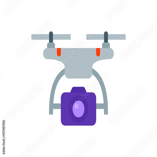 Illustration of a gray drone with orange accents and a purple camera attached to the bottom side view