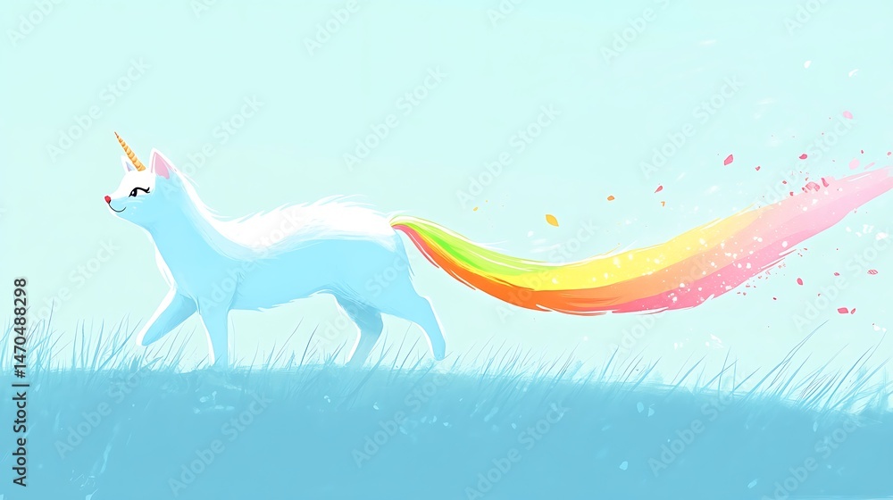 Obraz premium Cartoon unicorn with rainbow tail walking across the field