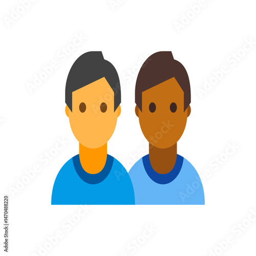 Illustration of two people with different skin tones and hair colors standing side by side in blue shirts