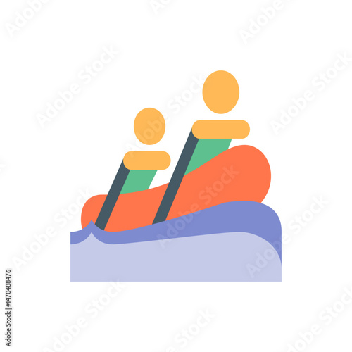 Two abstract figures in a boat on water with orange hull and green interior and paddles on a white background
