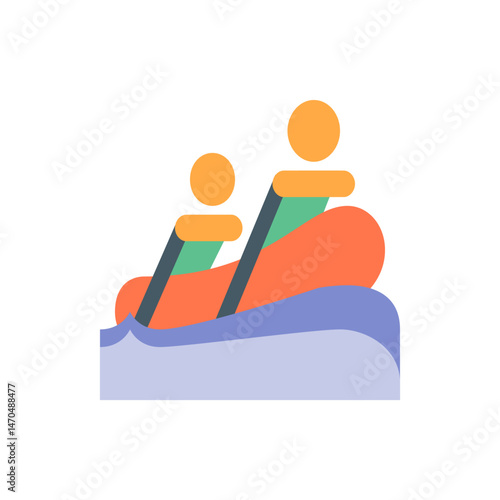 Two people in a raft on water with orange raft and blue waves in a simple flat vector illustration