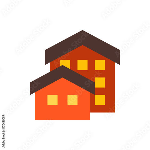 Two cartoon houses with brown roofs and glowing yellow windows in a simple geometric style illustration