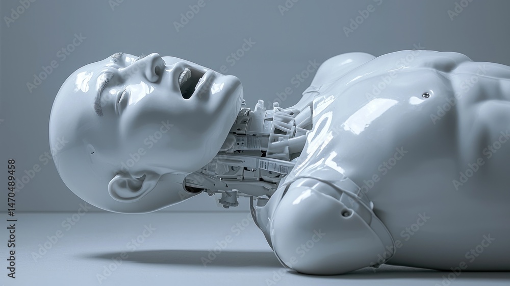 A white robotic human body lying on a pale gray surface A white robotic human body lying on a pale gray surface