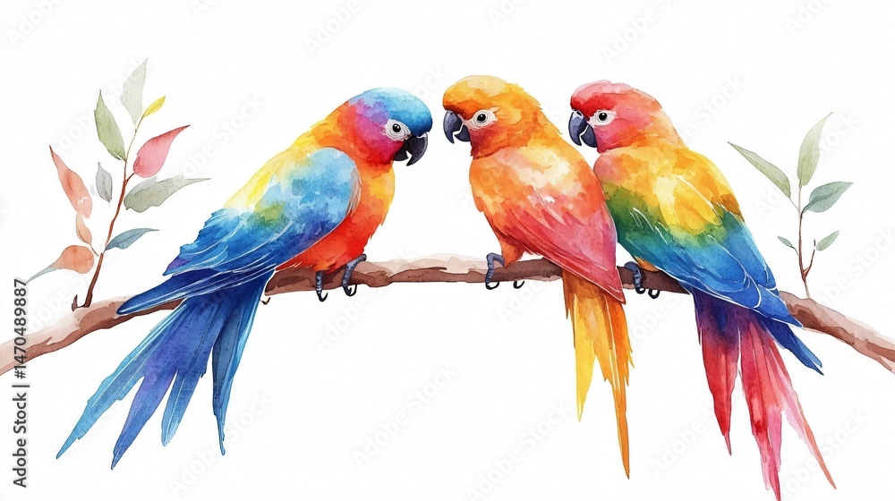 Obraz premium Colorful Parrots Isolated on White Background Watercolor Painting