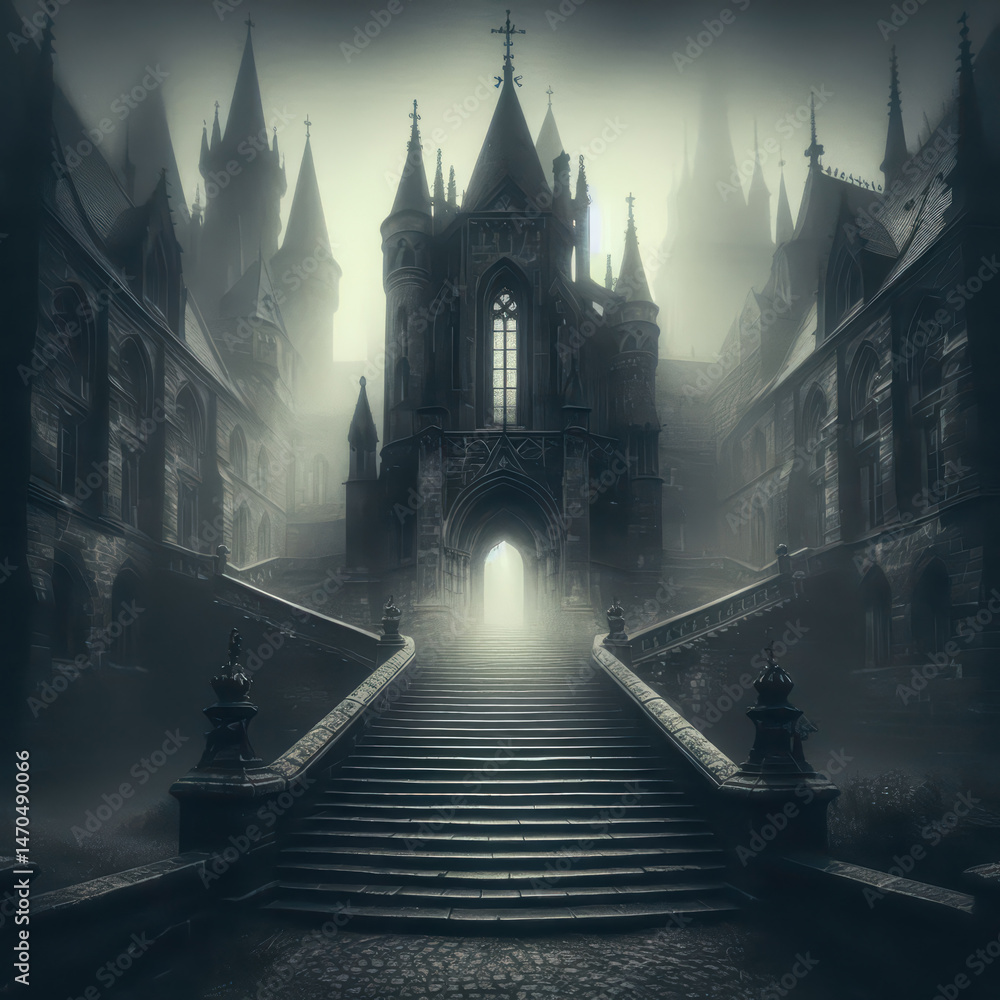 Obraz premium Majestic castle shrouded in mist with winding stairs and gothic architecture at twilight