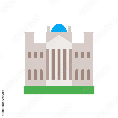Illustration of a governmental building with columns and a blue dome on top of the structure design