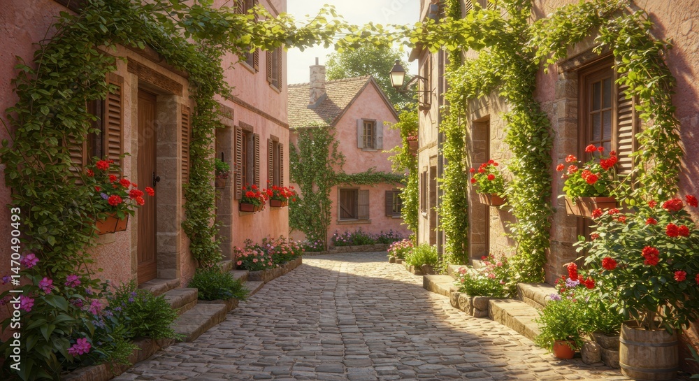 Sunlit cobblestone street with pink buildings and lush vines Sunlit cobblestone street with pink buildings and lush vines