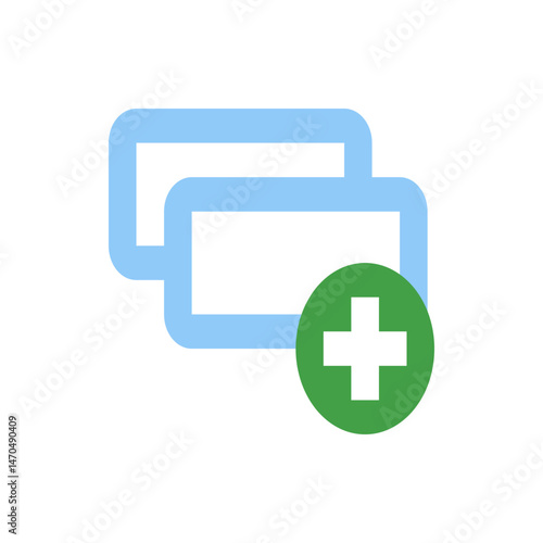 Two light blue outlined rectangles overlapping with a green circle and white plus sign in the bottom right