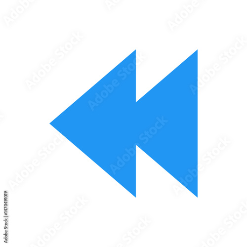 Two blue arrowheads pointing left indicating rewind or back function on a white background design icon