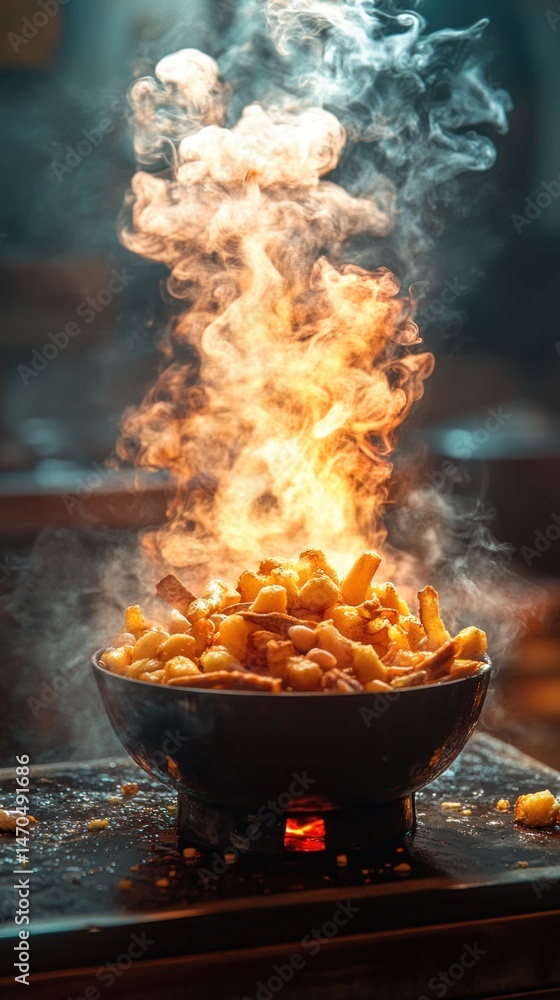 Golden fries sizzling in hot oil, rising smoke and flames Golden fries sizzling in hot oil, rising smoke and flames
