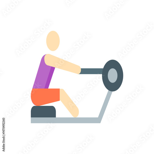 Illustration of a person using a rowing machine with a purple tank top and orange shorts in a gym setting