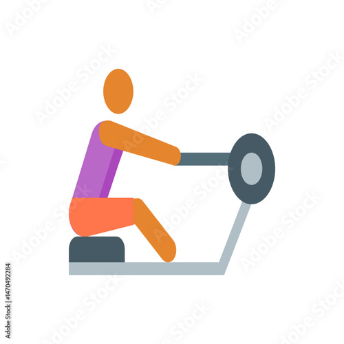 Person using a rowing machine with orange head and arms, purple shirt and orange shorts in a gym setting