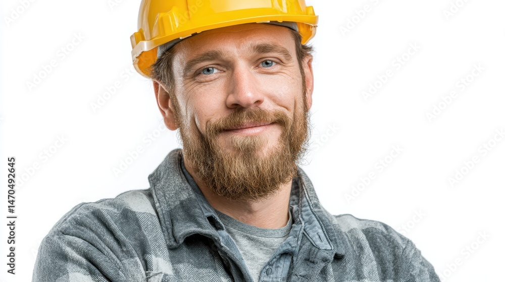 A smiling construction worker wearing a helmet, ready for work, isolated on a white background A smiling construction worker wearing a helmet, ready for work, isolated on a white background