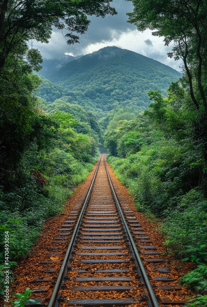 Fototapeta premium Lush forest railway track disappearing into a mountain range