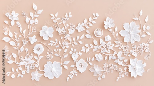 White Lace Flowers with Beige Background.