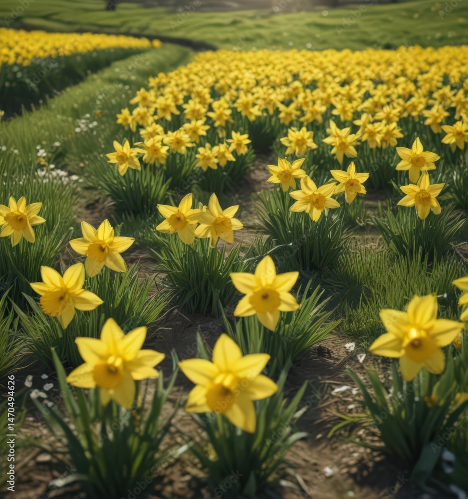 Obraz premium Sunlit daffodil field, vibrant yellow blooms, lush green grass, wildflowers, yellow flowers