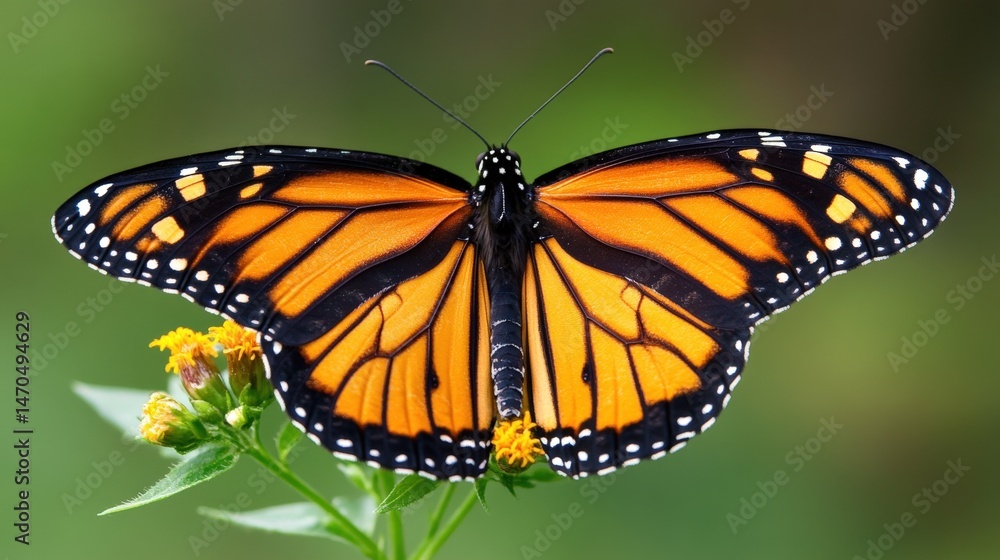 Close-up view of a monarch butterfly on a flower. Close-up view of a monarch butterfly on a flower.