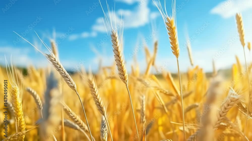 Golden Wheat Field Bathed in Sunlight Under Blue Sky: Sustainable Agriculture, Summer Harvest. Nature's Bounty, Ripe Organic Grains for Farm-to-Table Food. Serene Rural Landscape, 4K Video Footage Golden Wheat Field Bathed in Sunlight Under Blue Sky: Sustainable Agriculture, Summer Harvest. Nature's Bounty, Ripe Organic Grains for Farm-to-Table Food. Serene Rural Landscape, 4K Video Footage