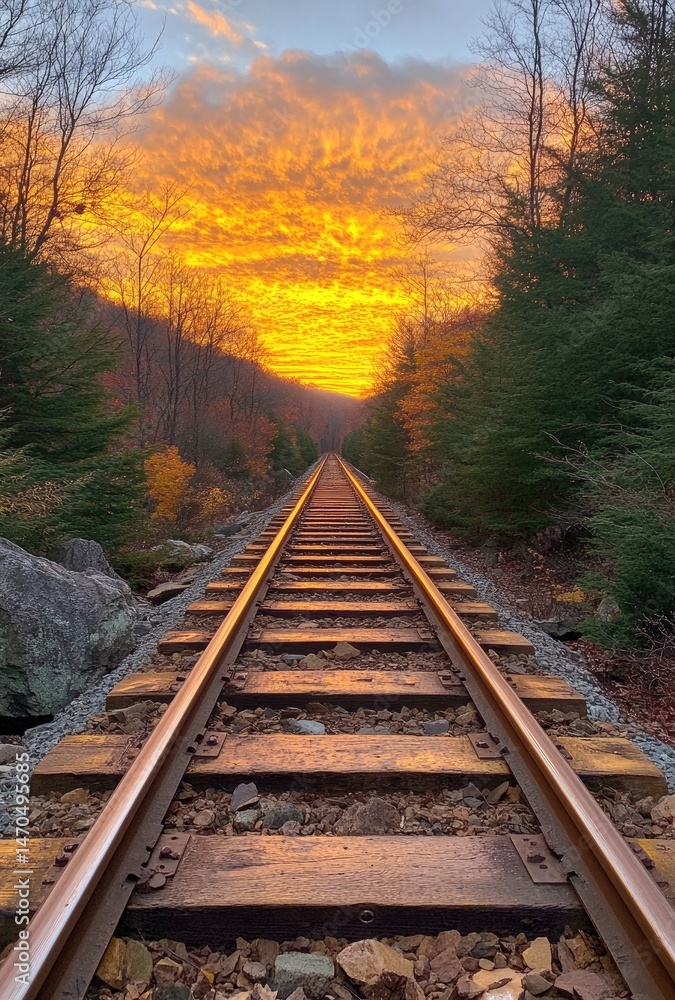 Fototapeta premium Golden Sunrise Over Railroad Tracks