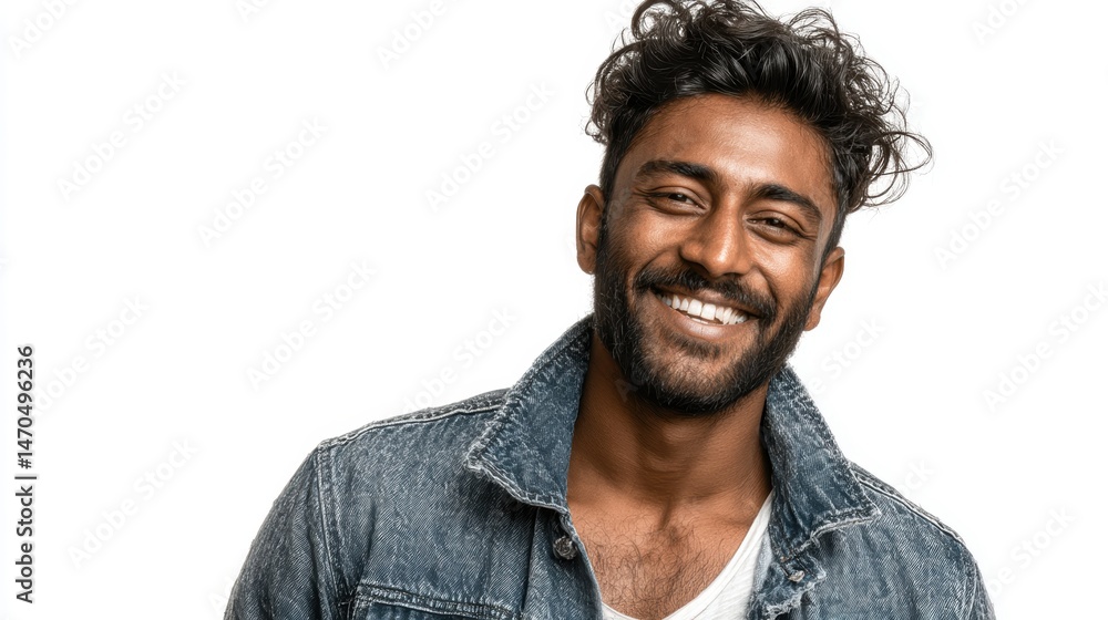 Fototapeta premium A young Indian man smiling with a bright expression, full of joy, isolated on a white background