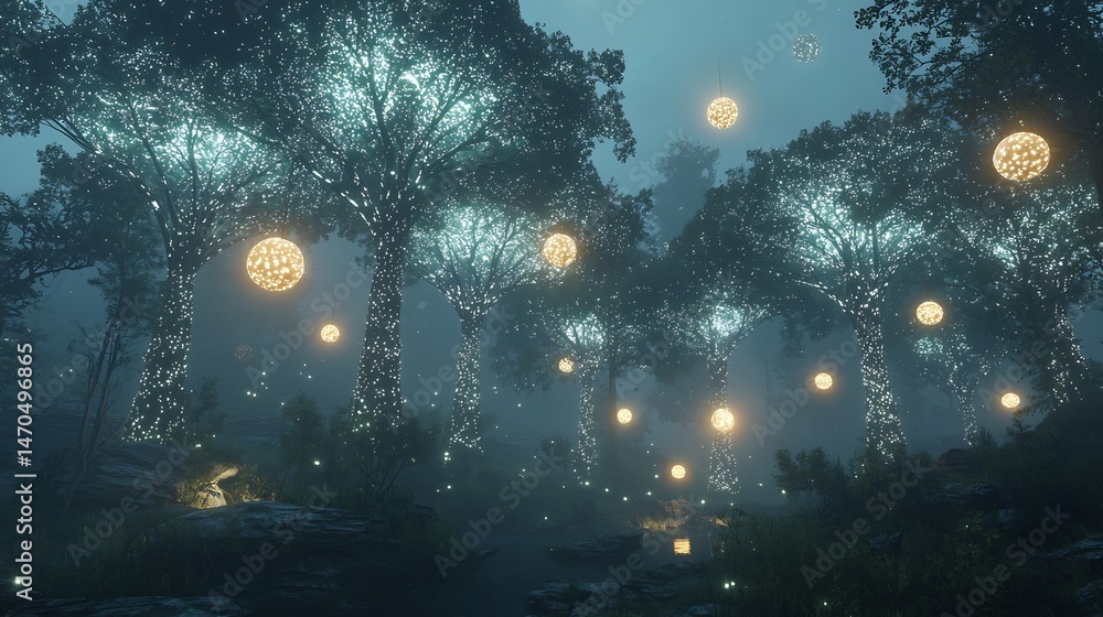 Mysterious forest towering bioluminescent trees and floating orbs of light cinematic enchanted woodland Mysterious forest towering bioluminescent trees and floating orbs of light cinematic enchanted woodland
