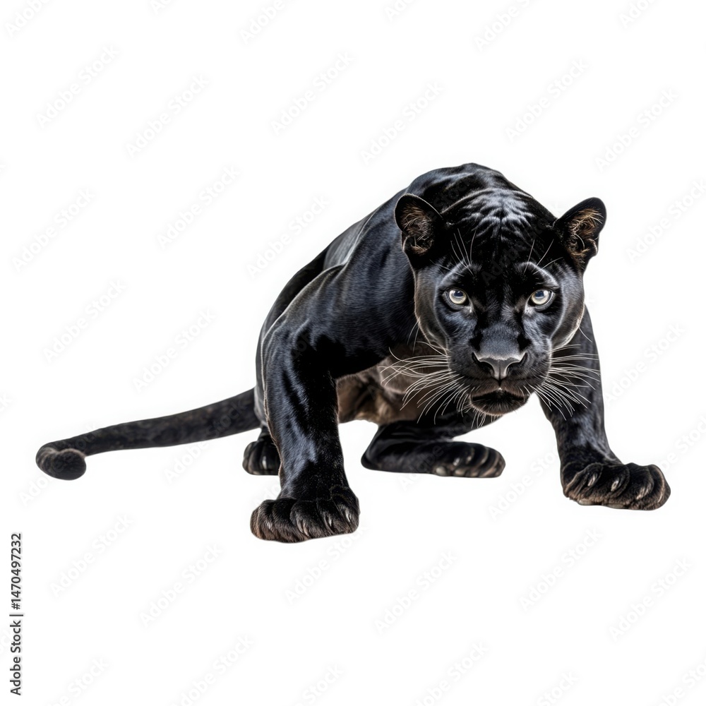 Obraz premium Crouching panther looking forward on white background
