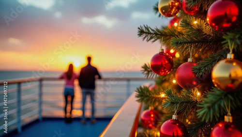 Couple enjoying sunset view from deck with Christmas tree and ornaments during holiday cruise at sea