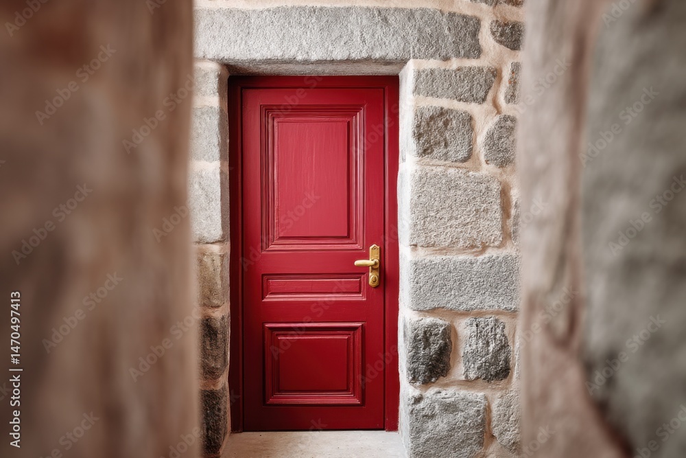 Fototapeta premium Red wooden door framed by rustic stone walls, inviting entry with a warm ambiance, showcasing architectural details and textures in a cozy environment