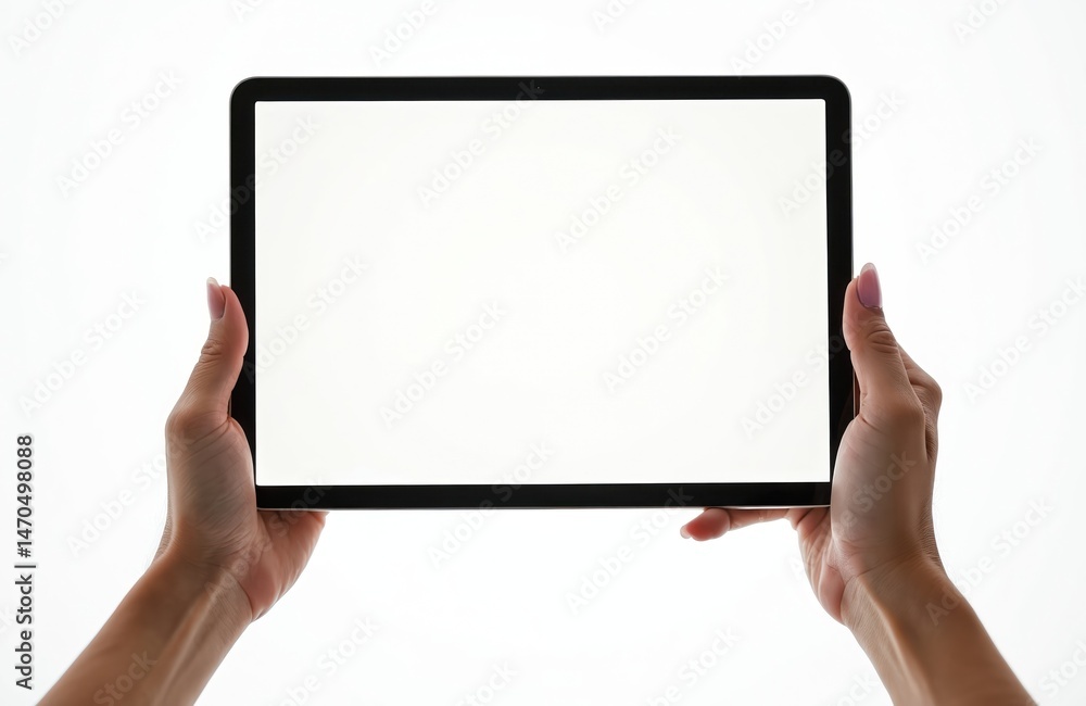 Female hands holding tablet device with blank white screen. Isolated on white background. Modern mobile tech, gadget mockup. Perfect for app presentation, business advertisement, web design. Female hands holding tablet device with blank white screen. Isolated on white background. Modern mobile tech, gadget mockup. Perfect for app presentation, business advertisement, web design.