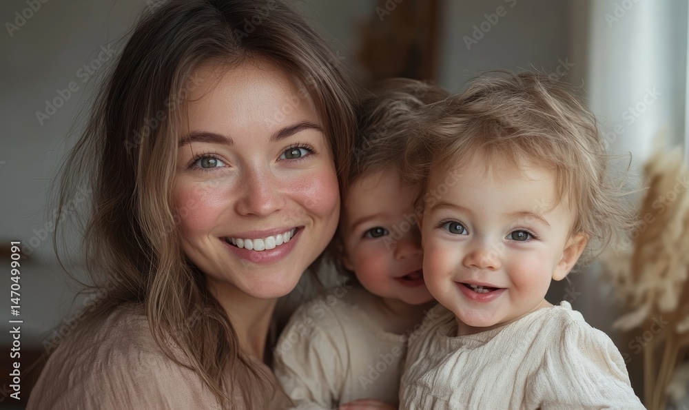 Close up portrait of excited young mother and little preschooler children hug cuddle look at camera laughing and posing together, overjoyed mom or nanny relax play with small kids at Close up portrait of excited young mother and little preschooler children hug cuddle look at camera laughing and posing together, overjoyed mom or nanny relax play with small kids at