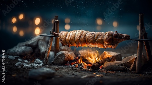 Roasted pig over campfire at night