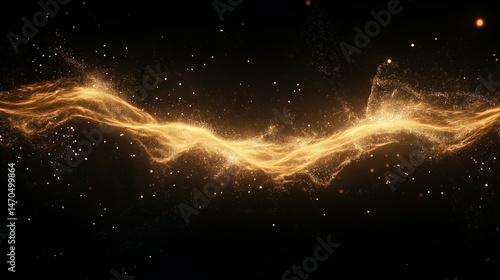 Golden glitte particles flow and swirl across a dark background, creating an elegant, ethereal, and mesmerizing abstract design with cosmic dust details.