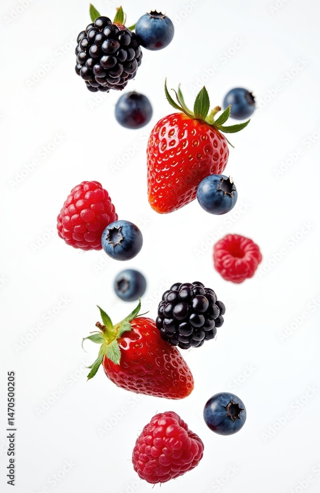 Obraz premium Levitating fresh mixed berries assortment. Includes blackberry, raspberry, blueberry, strawberry. Ripe fruits isolated on white background. Healthy food, organic, vegan diet, vitamin source. Berries