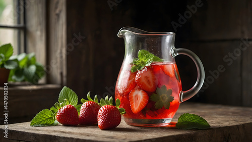 Refreshing Strawberry Mint Pitcher Drink photograph.Generated with AI