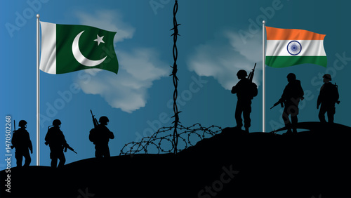 India-Pakistan tension on borders , Pakistan India tension on borders , India Pakistan Border Tension with Soldiers and National Flags