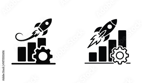  A conceptual business graphic symbolizes progress and advancement in a minimalist style, using a rocket ship rising above a bar graph, conveying growth, innovation, and a successful ascent.