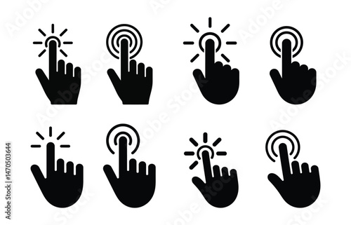  Set of various graphic icons with hand clicking, offering a visual representation of interaction, user experience, and navigation.