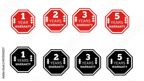 Set of 1, 2, 3, and 5-year warranty badges in red and black octagons with text and pine tree icons

