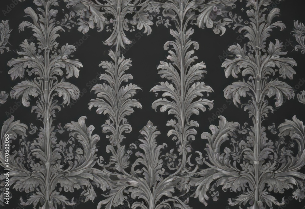 Elegant damask, acanthus leaves & scrolls, silver on charcoal grey , art, silver Elegant damask, acanthus leaves & scrolls, silver on charcoal grey , art, silver