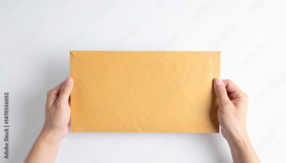 a person holding an envelope against a blank background. The envelope is a warm brown color and perfectly fits into the person's hands. The composition is clean and simple a person holding an envelope against a blank background. The envelope is a warm brown color and perfectly fits into the person's hands. The composition is clean and simple