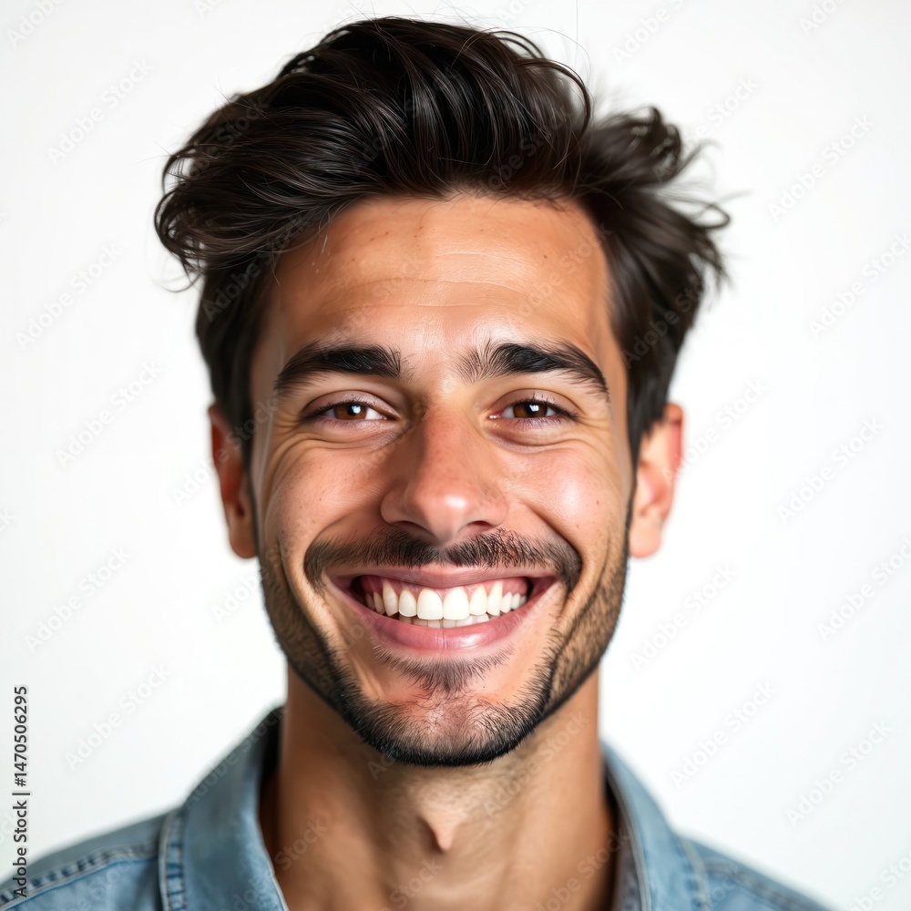 Cheerful young man portrait smiling directly at camera. Happy male model with perfect teeth, stylish hairstyle, casual denim shirt. Joyful confident face, positive emotion on white background. Cheerful young man portrait smiling directly at camera. Happy male model with perfect teeth, stylish hairstyle, casual denim shirt. Joyful confident face, positive emotion on white background.