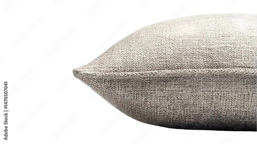 Close-up of a subtly textured, light beige pillow, showcasing its refined seam and fabric Close-up of a subtly textured, light beige pillow, showcasing its refined seam and fabric