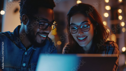Diverse team working on laptop project at night