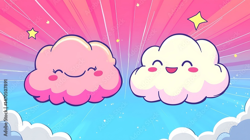 Cheerful clouds smiling in a bright pastel sky Cheerful clouds smiling in a bright pastel sky