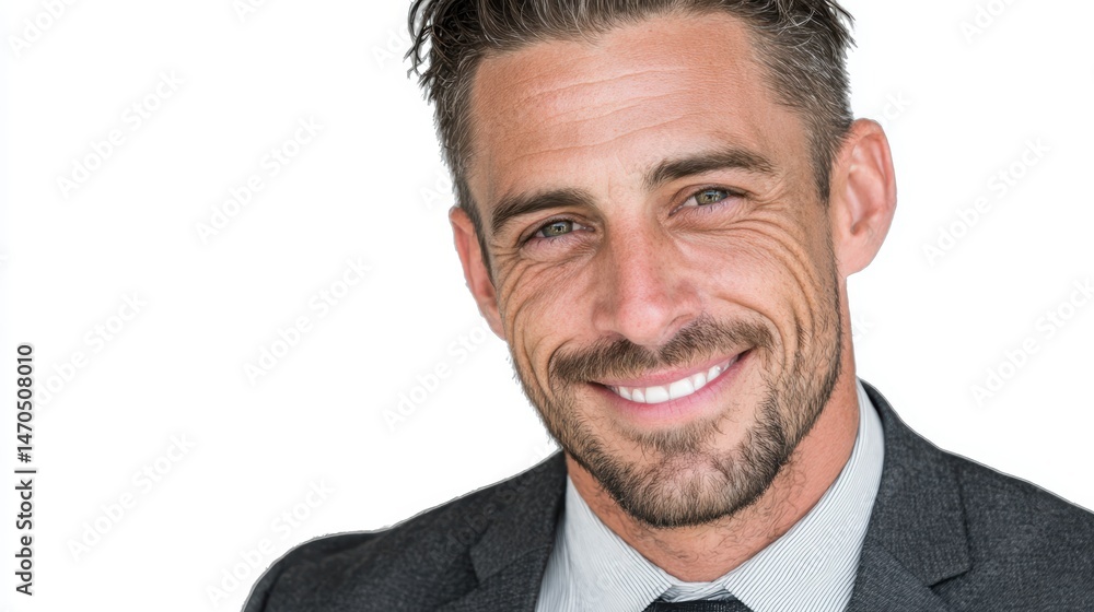 A professional headshot of a happy businessman in a suit, exuding positivity, isolated on a white background A professional headshot of a happy businessman in a suit, exuding positivity, isolated on a white background