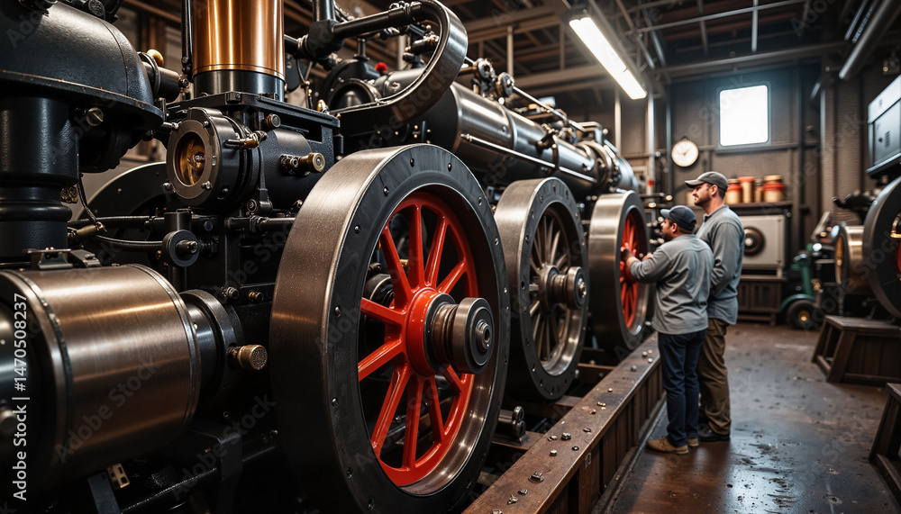 Fototapeta premium Engineer observing steam machinery operation, industrial age technology